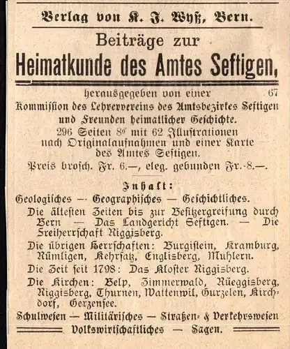 original Werbung - 1911 - Heimatkunde des Amtes Seftigen  !!!
