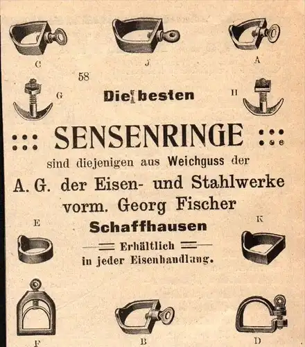 original Werbung - 1911 -  Sensenringe , Georg Fischer in Schaffhausen  !!!