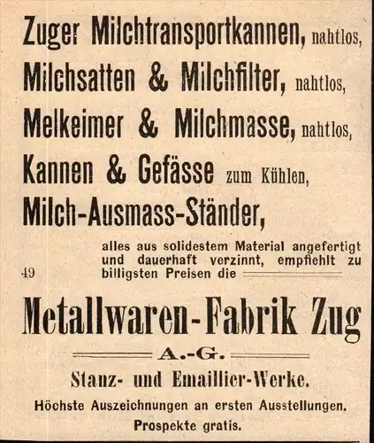 original Werbung - 1911 - Metallwarenfabrik Zug  !!!