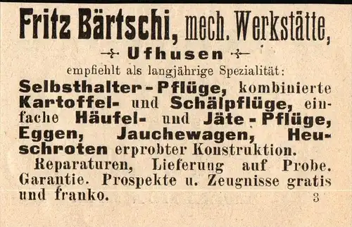 original Werbung - 1911 - Fritz Bärtschi in Ufhusen b. Willisau , mechanische Werkstatt !!!