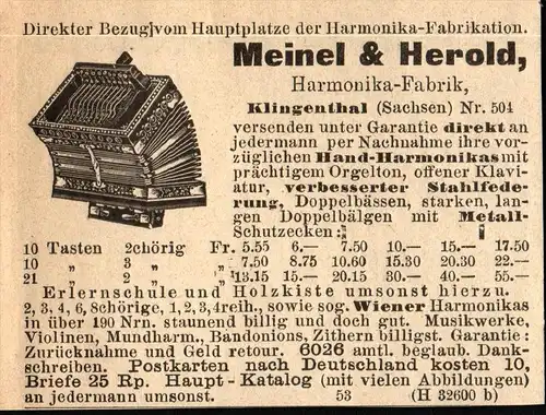 original Werbung - 1911 - Meinel & Herold , Harmonika-Fabrik in Klingenthal i.S. !!!