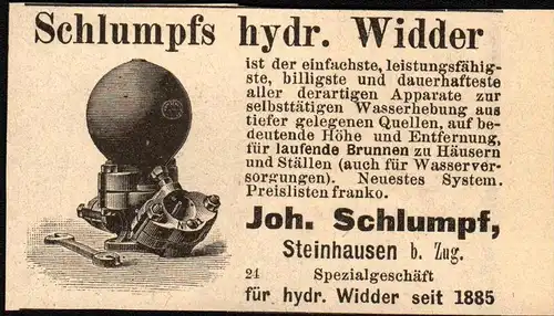 original Werbung - 1911 - hydraulischer Widder , Schlumpf in Steinhausen b. Zug !!!