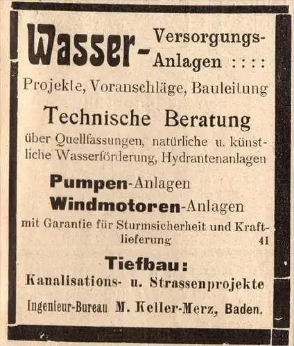 original Werbung - 1911 -  Wasserversorgung , M. Keller-Merz in Baden , Tiefbau , Hydranten !!!
