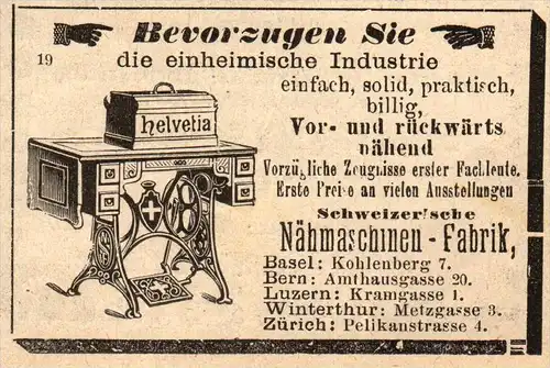original Werbung - 1911 -  Nähmaschinenfabrik , Helvetia , Basel , Bern , Luzernn , Winterthur  !!!