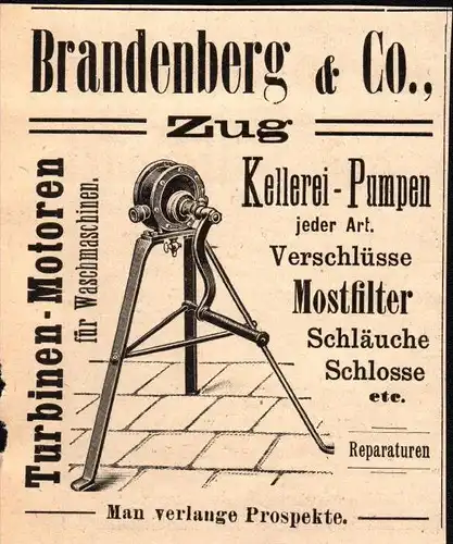 original Werbung - 1911 - Brandenberg & Co. in Zug , Kellerei , Pumpen , Turbinen  !!!