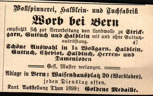 original Werbung - 1911 -  Worb bei Bern , Wollspinnerei , Tuchfabrik , Spinnerei !!!