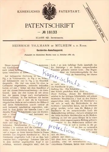 Original Patent - Heinrich Tillmann in Mülheim a. d. Ruhr , 1881 , Garderobe-Anmeßapparat !!!