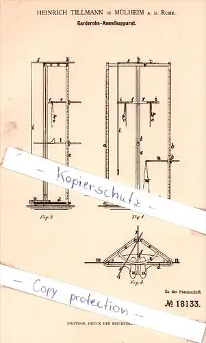 Original Patent - Heinrich Tillmann in Mülheim a. d. Ruhr , 1881 , Garderobe-Anmeßapparat !!!