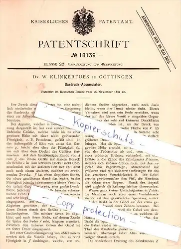 Original Patent - Dr. Klinkerfues in Göttingen , 1881 , Gasdruck-Accumulator !!!