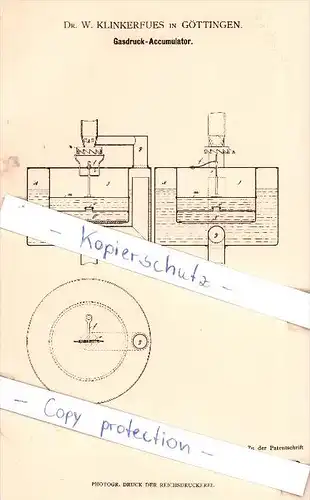 Original Patent - Dr. Klinkerfues in Göttingen , 1881 , Gasdruck-Accumulator !!!