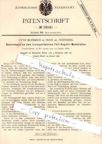 Original Patent - Otto Elterich in Doos bei Nürnberg , 1881 , Füll-Regulir-Mantelofen !!!