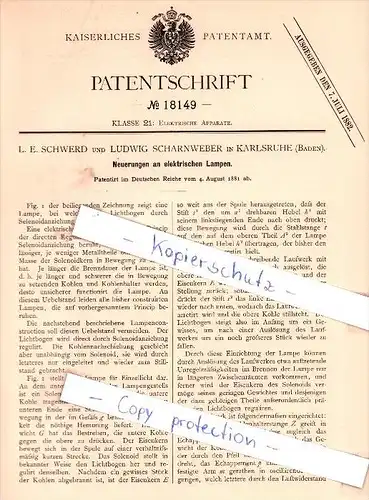 Original Patent - L. E. Schwerd und L. Scharnweber in Karlsruhe , Baden , 1881 ,  Lampen !!!