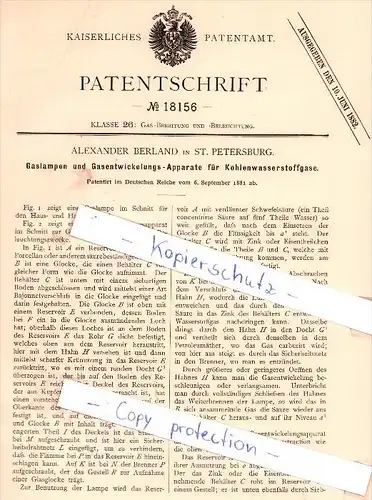 Original Patent - A. Berland in St. Petersburg , 1881 , Gaslampen und Gasentwicklungs-Apparate , Russland !!!