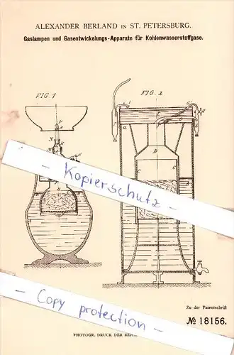 Original Patent - A. Berland in St. Petersburg , 1881 , Gaslampen und Gasentwicklungs-Apparate , Russland !!!