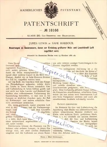 Original Patent - James Lewis in Safe Harbour , 1881 , Neuerungen an Gasbrennern !!!