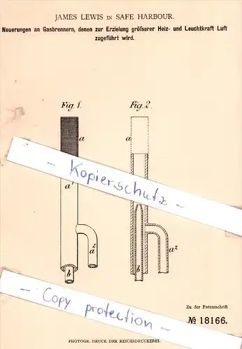 Original Patent - James Lewis in Safe Harbour , 1881 , Neuerungen an Gasbrennern !!!
