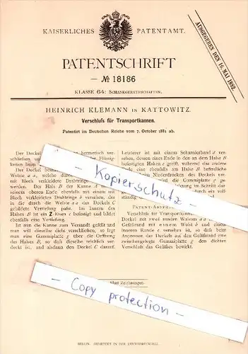 Original Patent - Heinrich Klemann in Kattowitz / Katowice , 1881 , Verschluß für Transportkannen !!!