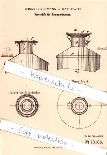 Original Patent - Heinrich Klemann in Kattowitz / Katowice , 1881 , Verschluß für Transportkannen !!!