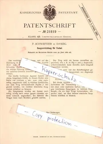 Original Patent - P. Schweitzer in Danzig , 1882 , Saugvorrichtung für Ferkel !!!