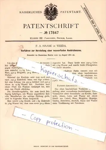 Original Patent - F. A. Haase in Weida , 1881 , Herstellung einer wasserfesten Anstrichmasse !!!