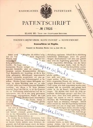 Original Patent - Thonwaarenfabrik in Schwandorf , 1881 , Brennverfahren bei Ringöfen , Keramik , Thon !!!