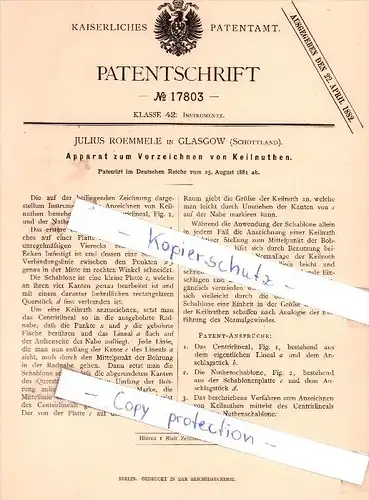 Original Patent - J. Roemmele in Glasgow , Schottland , 1881 , Vorzeichnen von Keilnuthen !!!