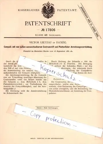 Original Patent - Victor Lietzau in Danzig , 1881 , Kompaß mit Centrumstift  !!!