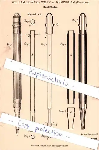 Original Patent -  W. E- Wiley in Birmingham , England , 1881 , Bleistifthalter , Bleistift !!!