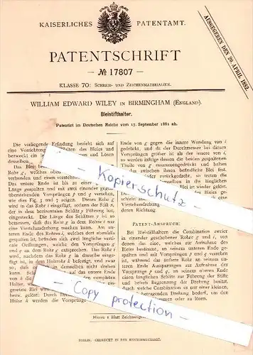 Original Patent -  W. E- Wiley in Birmingham , England , 1881 , Bleistifthalter , Bleistift !!!