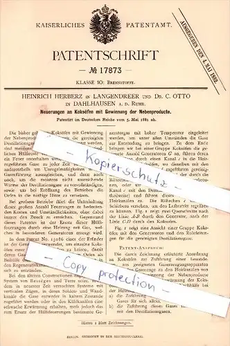Original Patent -  H. Herberz in Langendreer und Dr. C. Otto in Dahlhausen a. d. Ruhr , 1881 , !!!
