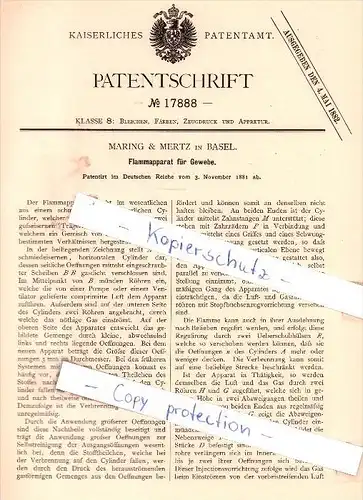 Original Patent - Maring & Mertz in Basel , 1881 , Flammapparat für Gewebe !!!