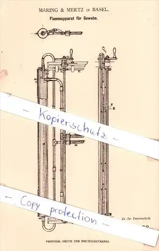 Original Patent - Maring & Mertz in Basel , 1881 , Flammapparat für Gewebe !!!