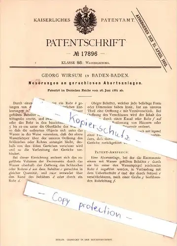 Original Patent - Georg Wirsum in Baden-Baden , 1881 , Neuerungen an Abortsanlagen !!!