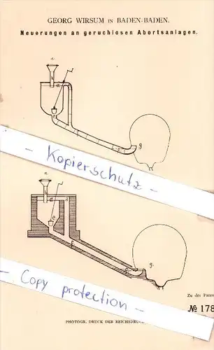 Original Patent - Georg Wirsum in Baden-Baden , 1881 , Neuerungen an Abortsanlagen !!!