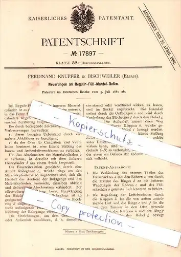 Original Patent - Ferdinand Knupfer a Bischweiler / Bischwiller , 1881 , four de chauffage !!!