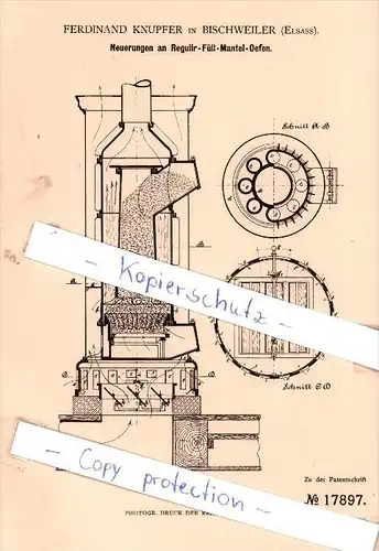Original Patent - Ferdinand Knupfer a Bischweiler / Bischwiller , 1881 , four de chauffage !!!