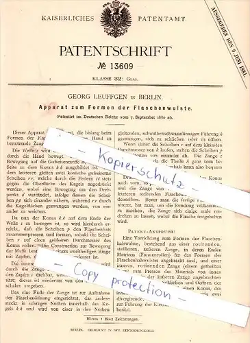 Original Patent - G. Leuffgen in Berlin , 1880 , Apparat zum Formen der Flaschenwulste !!!