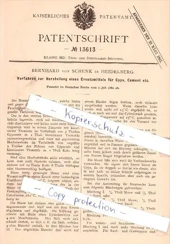 Original Patent -  Bernhard von Schenk in Heidelberg , 1880 , Herstellung eines Ersatzmittels für Gyps und Zement !!!