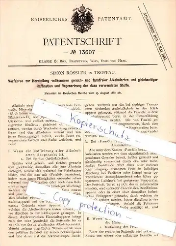 Original Patent - S. Rössler in Troppau / Opava , 1880 , geruch- und farbfreier Alkoholarten , Brauerei , Allkohol !!!