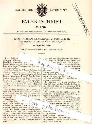 Original Patent - K. W. Weissenborn in Sonderburg und W. Thomsen in Hamburg , 1880 , !!!
