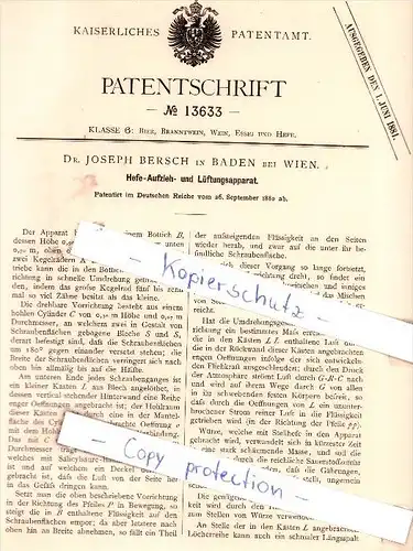 Original Patent - Dr. Joseph Bersch in Baden bei Wien , 1880 , Hefe-Aufzieh- und Lüftungsapparat , Brauerei !!!