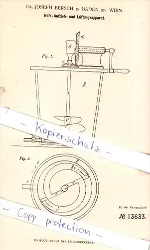 Original Patent - Dr. Joseph Bersch in Baden bei Wien , 1880 , Hefe-Aufzieh- und Lüftungsapparat , Brauerei !!!