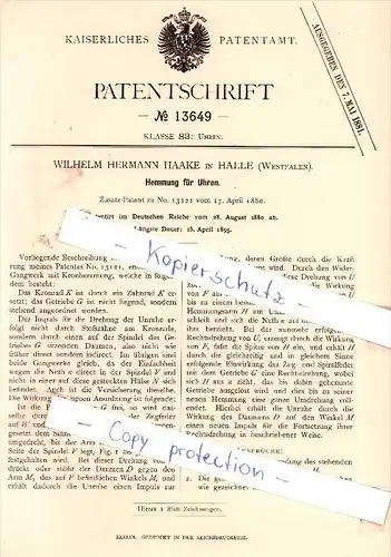 Original Patent - W. H. Haake in Halle , Westfalen , 1880 ,  Hemmung für Uhren !!!