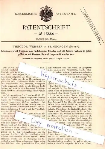 Original Patent - T. Weisser in St. Georgen , Baden , 1880 , Kalenderwerk mit Scheiben und Zeigern !!!