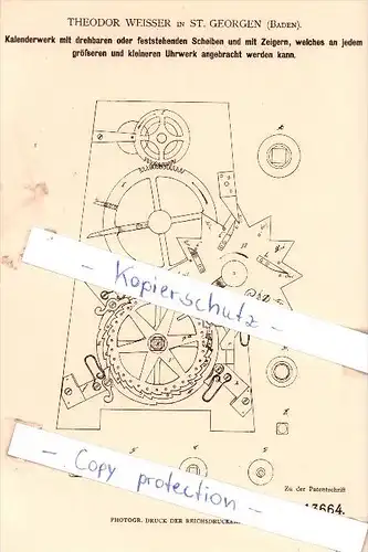 Original Patent - T. Weisser in St. Georgen , Baden , 1880 , Kalenderwerk mit Scheiben und Zeigern !!!