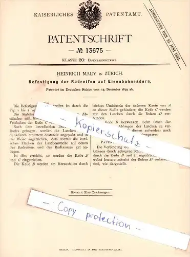 Original Patent - Heinrich Maey in Zürich , 1879 , Befestigung der Radreifen auf Eisenbahnrädern !!!