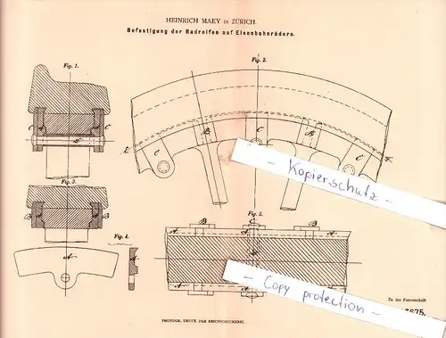 Original Patent - Heinrich Maey in Zürich , 1879 , Befestigung der Radreifen auf Eisenbahnrädern !!!