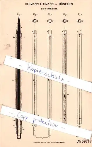 Original Patent - Hermann Lehmann in München , 1886 , Bleistifthalter , Bleistift !!!