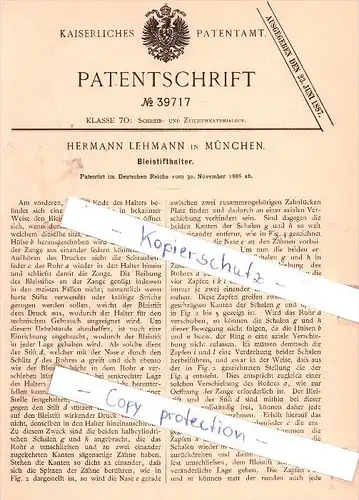 Original Patent - Hermann Lehmann in München , 1886 , Bleistifthalter , Bleistift !!!