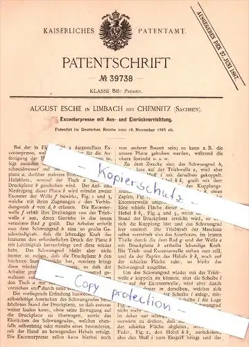 Original Patent - A. Esche in Limbach bei Chemnitz , Sachsen , 1886 , Excenterpresse !!!